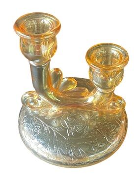Vtg Jeannette Glass Louisa Floragold Double Candle Holder Carnival Glass Orange